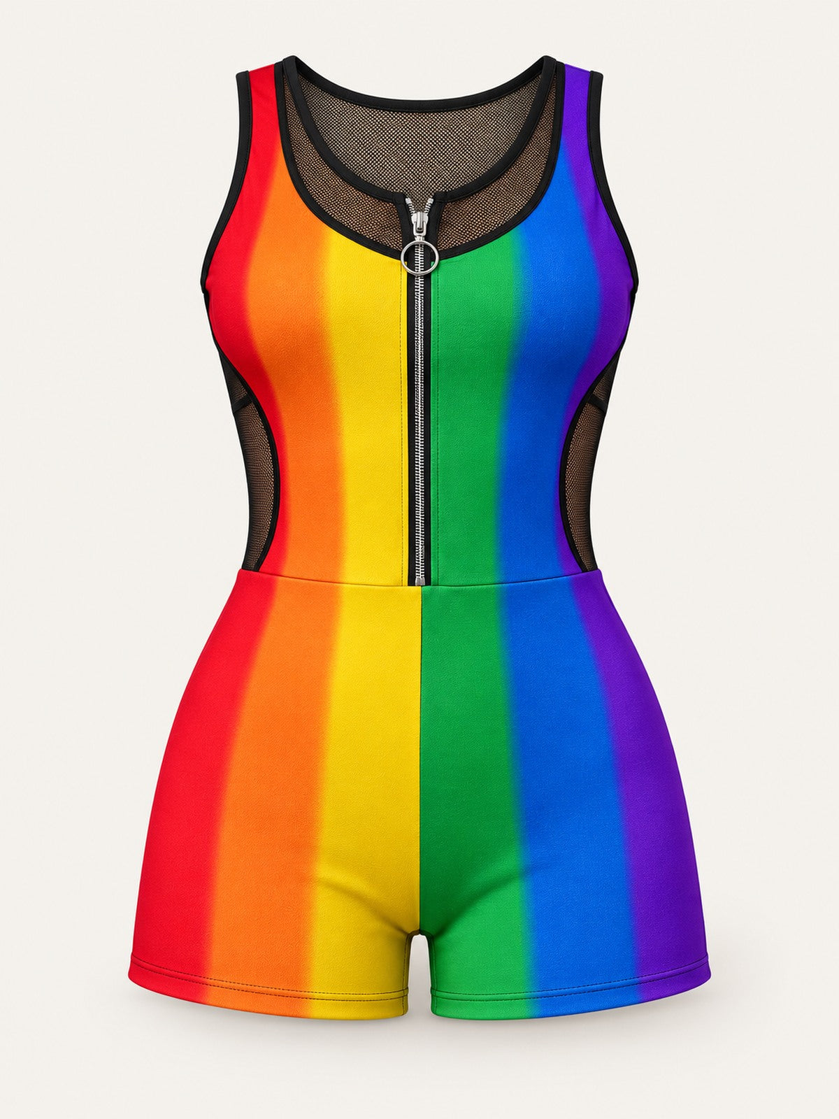 Front product view of Wearkins adult rainbow stripe romper with black mesh panels and a ring-pull front zipper.