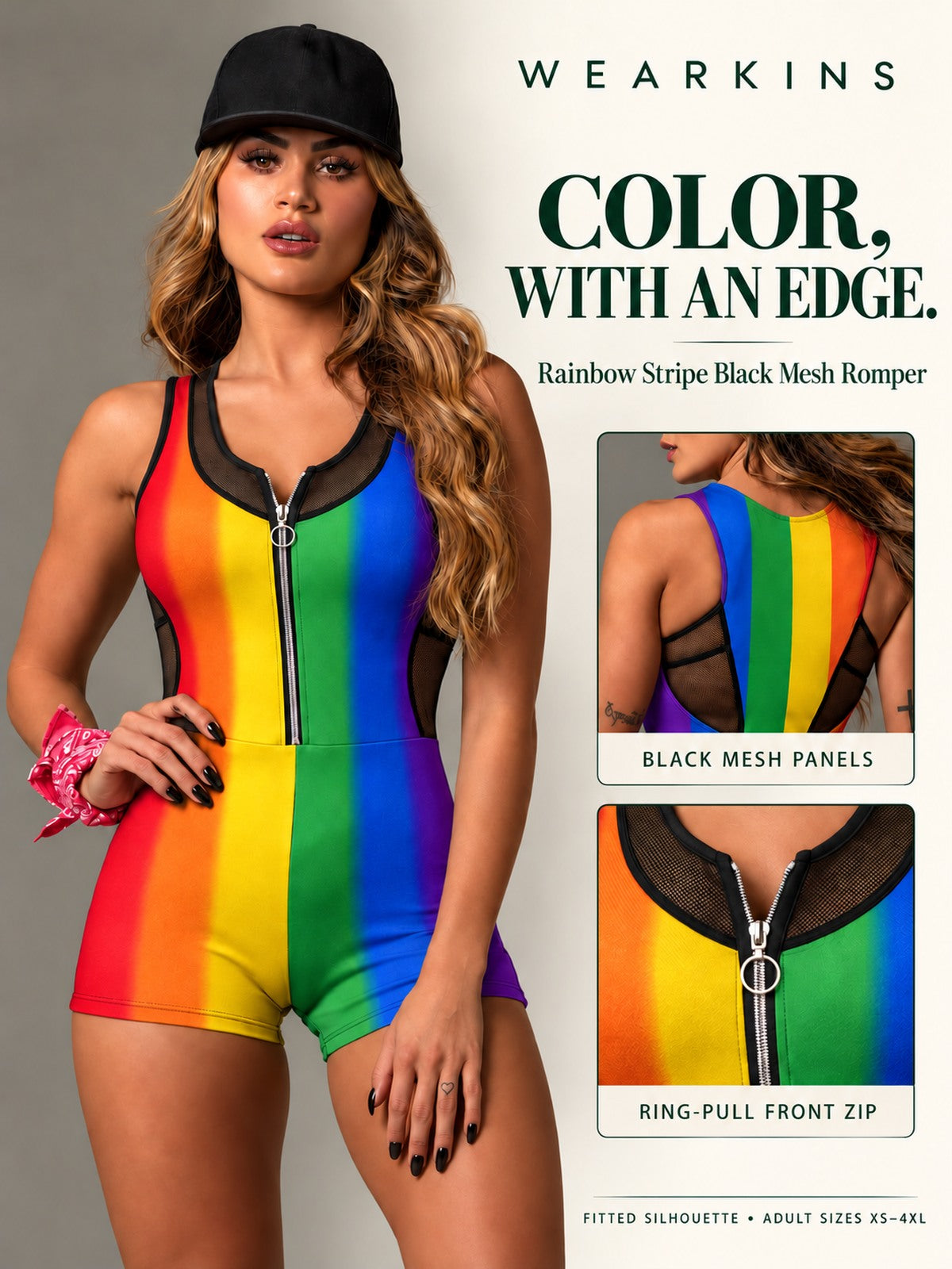Wearkins rainbow stripe black mesh romper: sheer mesh panels, ring-pull front zip and fitted adult sizes XS to 4XL.