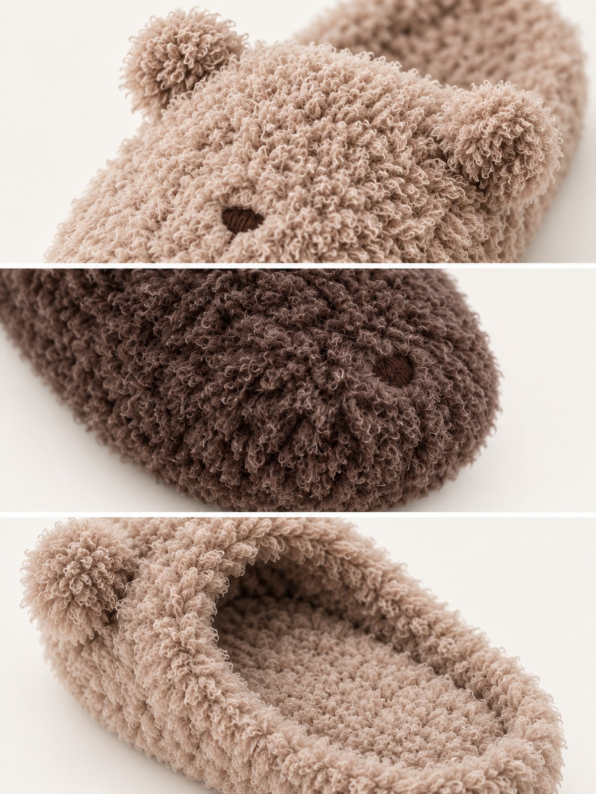 Close-up details of teddy bear ears, embroidered face and curly plush slipper texture