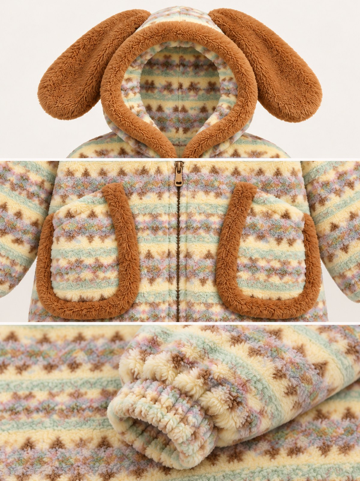 Fair Isle fleece onesie details showing floppy ears, front zipper and brown-trimmed patch pockets