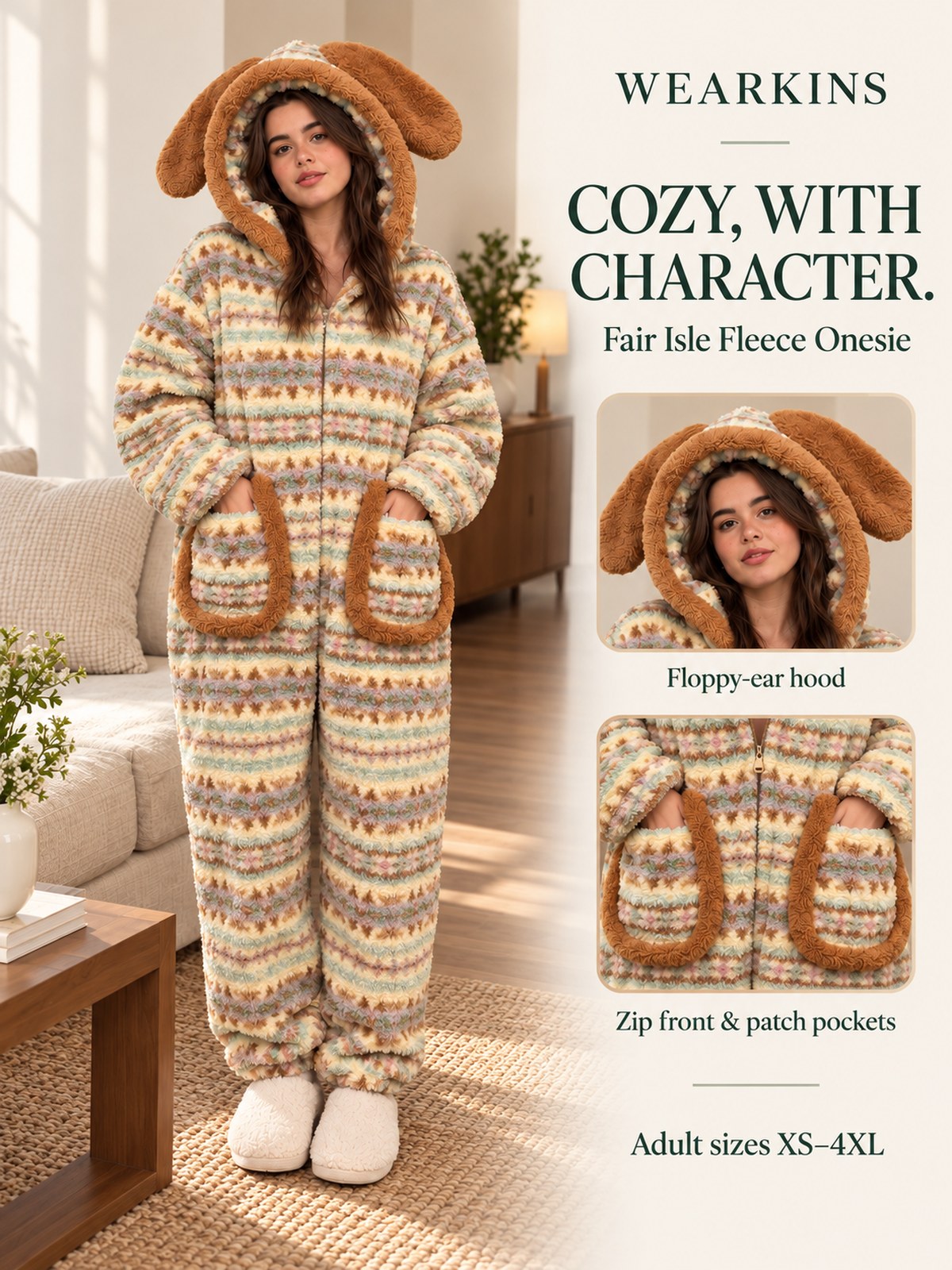 Wearkins Fair Isle adult fleece onesie with floppy-ear hood, front zip and patch pockets