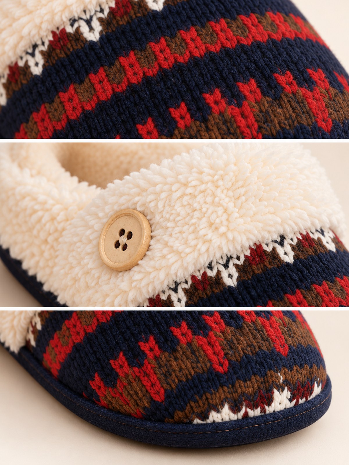 Close-up of Fair Isle knit slipper pattern, plush cuff and wooden-look button trim