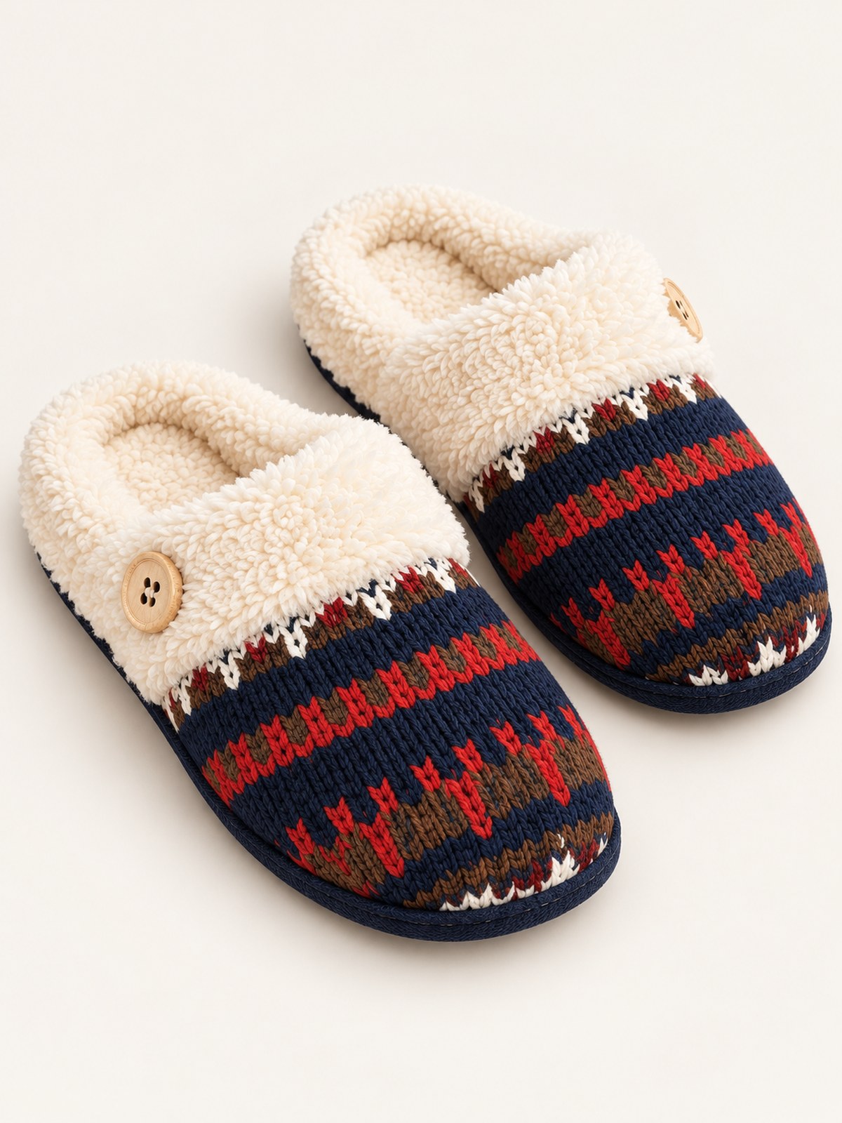 Pair of navy Fair Isle knit house slippers with ivory plush lining and button trim