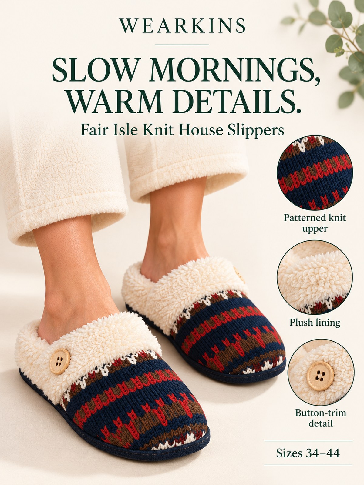 Wearkins Fair Isle knit slippers with patterned upper, plush lining and button detail