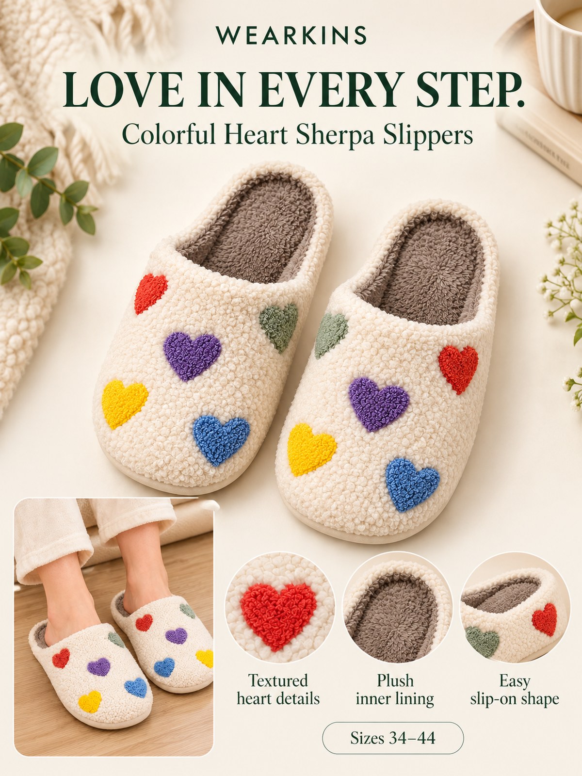 Wearkins colorful heart sherpa slippers with textured hearts and easy slip-on shape
