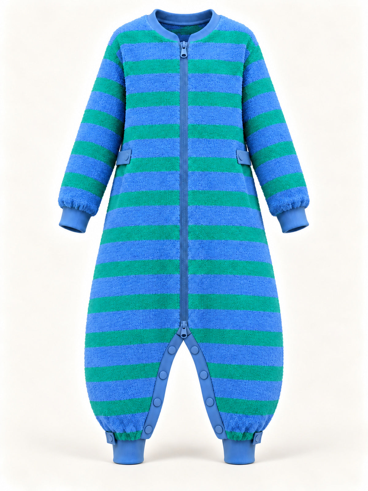 Blue-and-green striped zip-front terry onesie, front product view