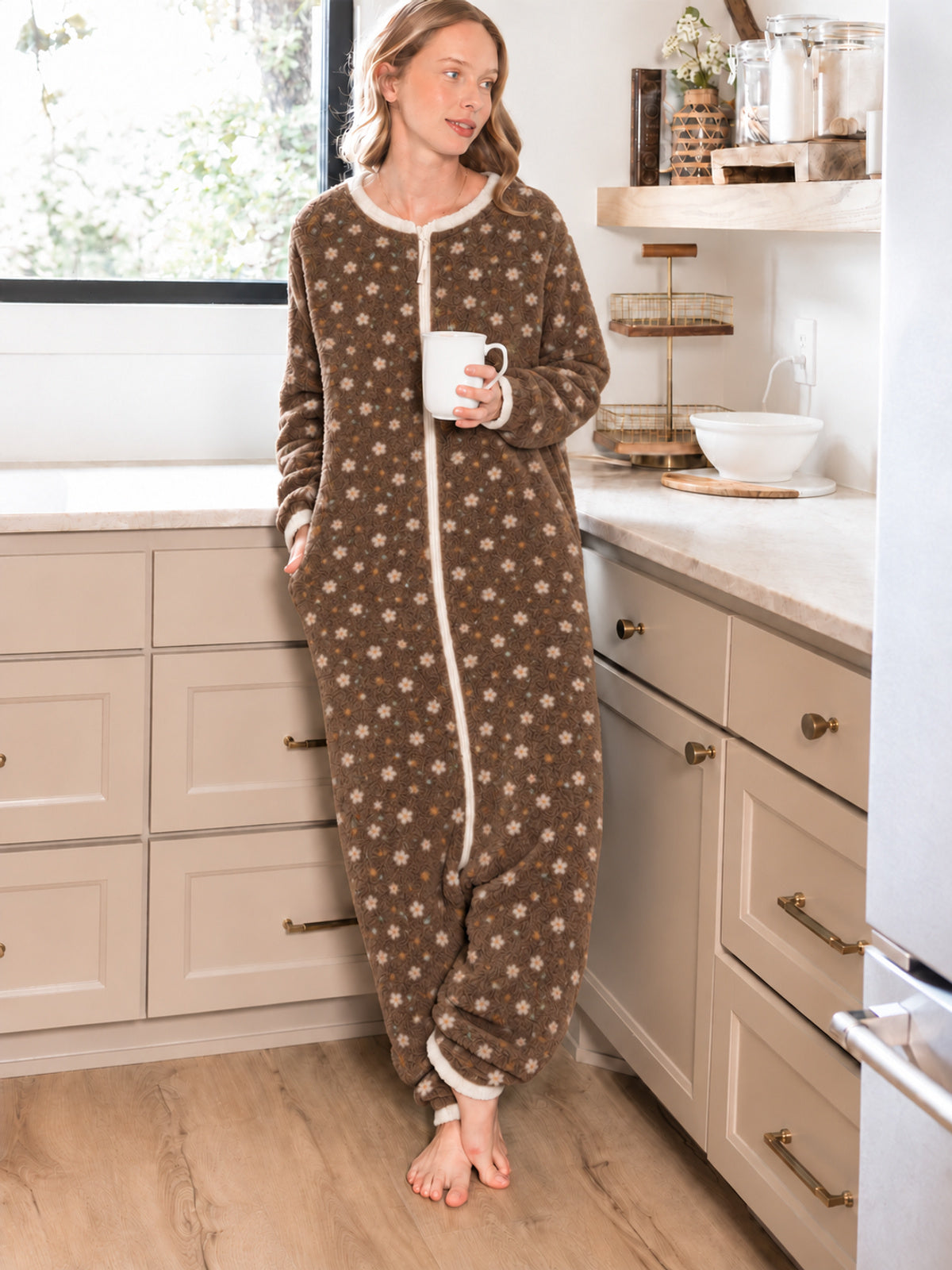 Floral Fleece Zip-Up Sleep Onesie – Chocolate Brown